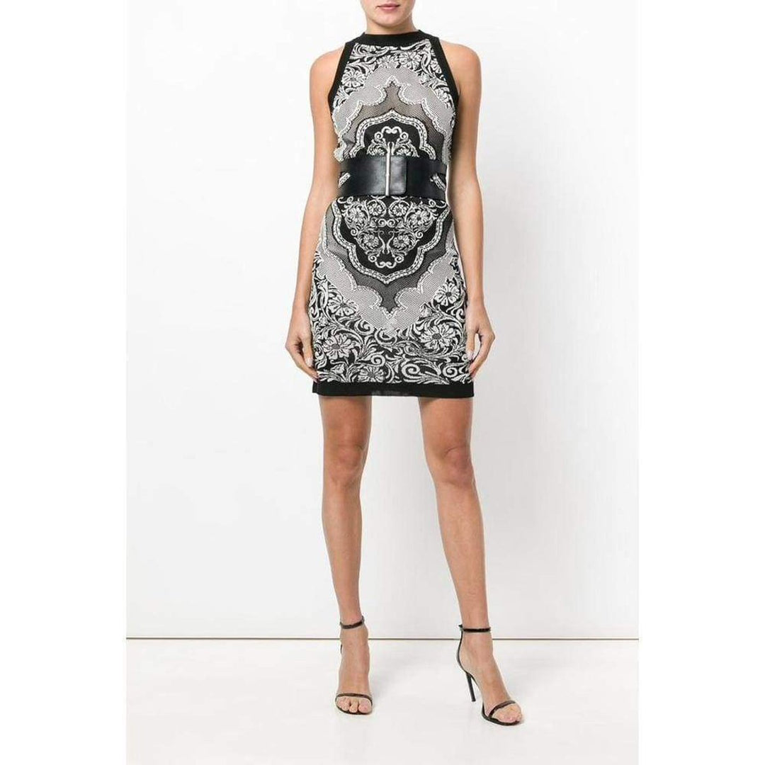Black White Jacquard Lace Print Mini Dress