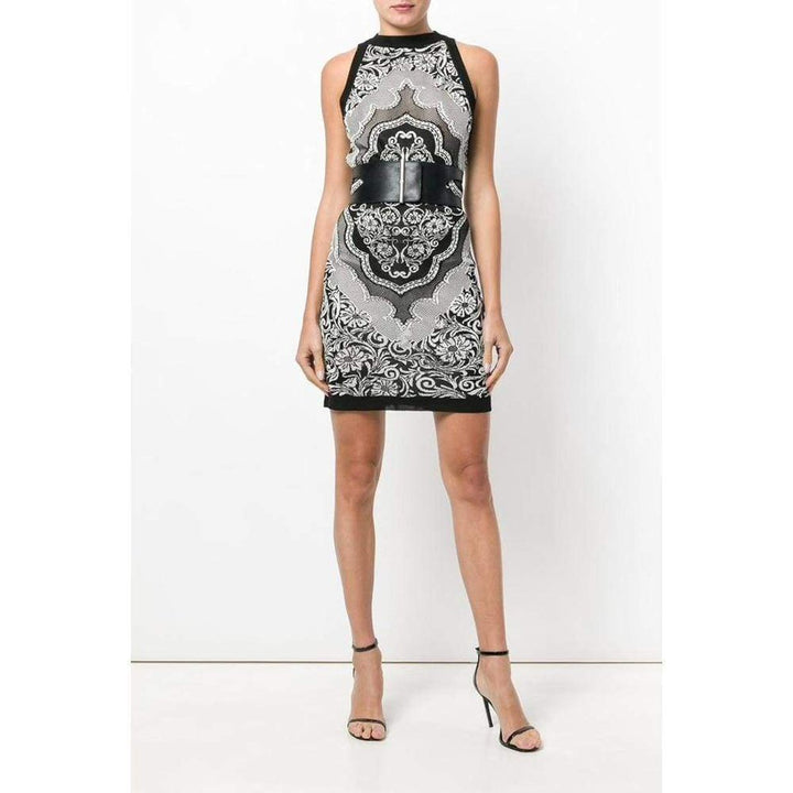 Black White Jacquard Lace Print Mini Dress