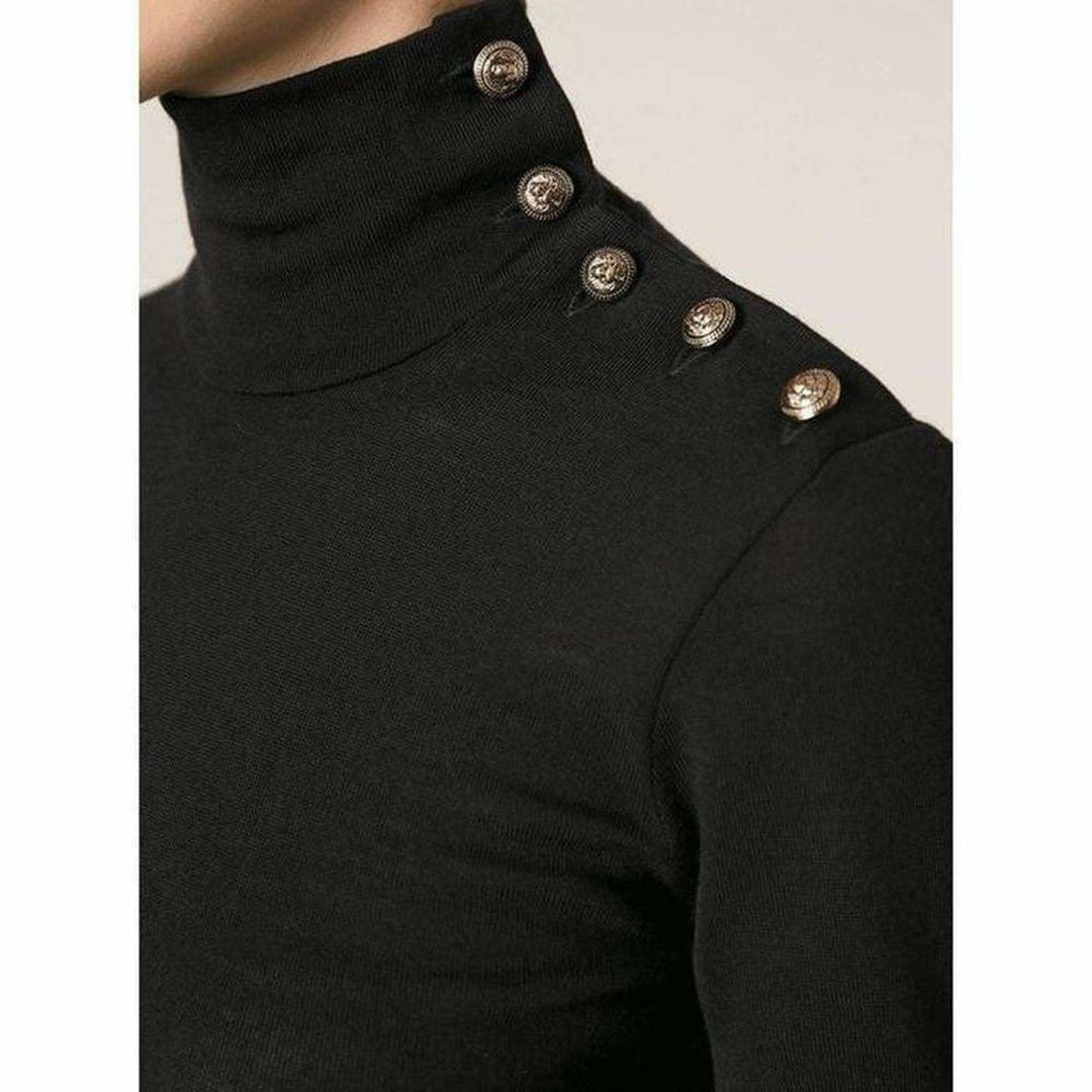 Black Wool Turtleneck Gold Buttons Sweater