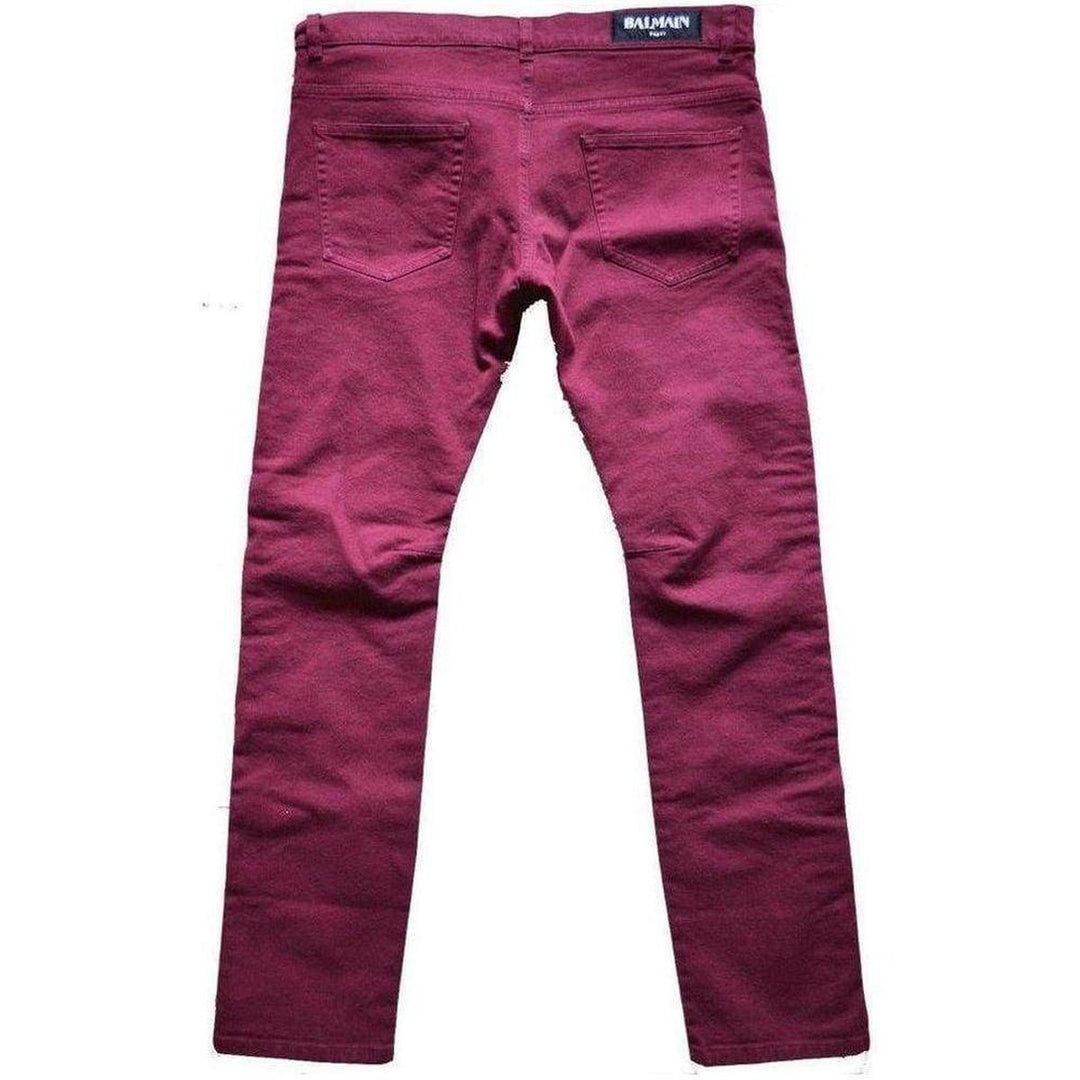 Balmain-Burgundy Embroidered Trimming Slim Stretch Jeans - Runway Catalog