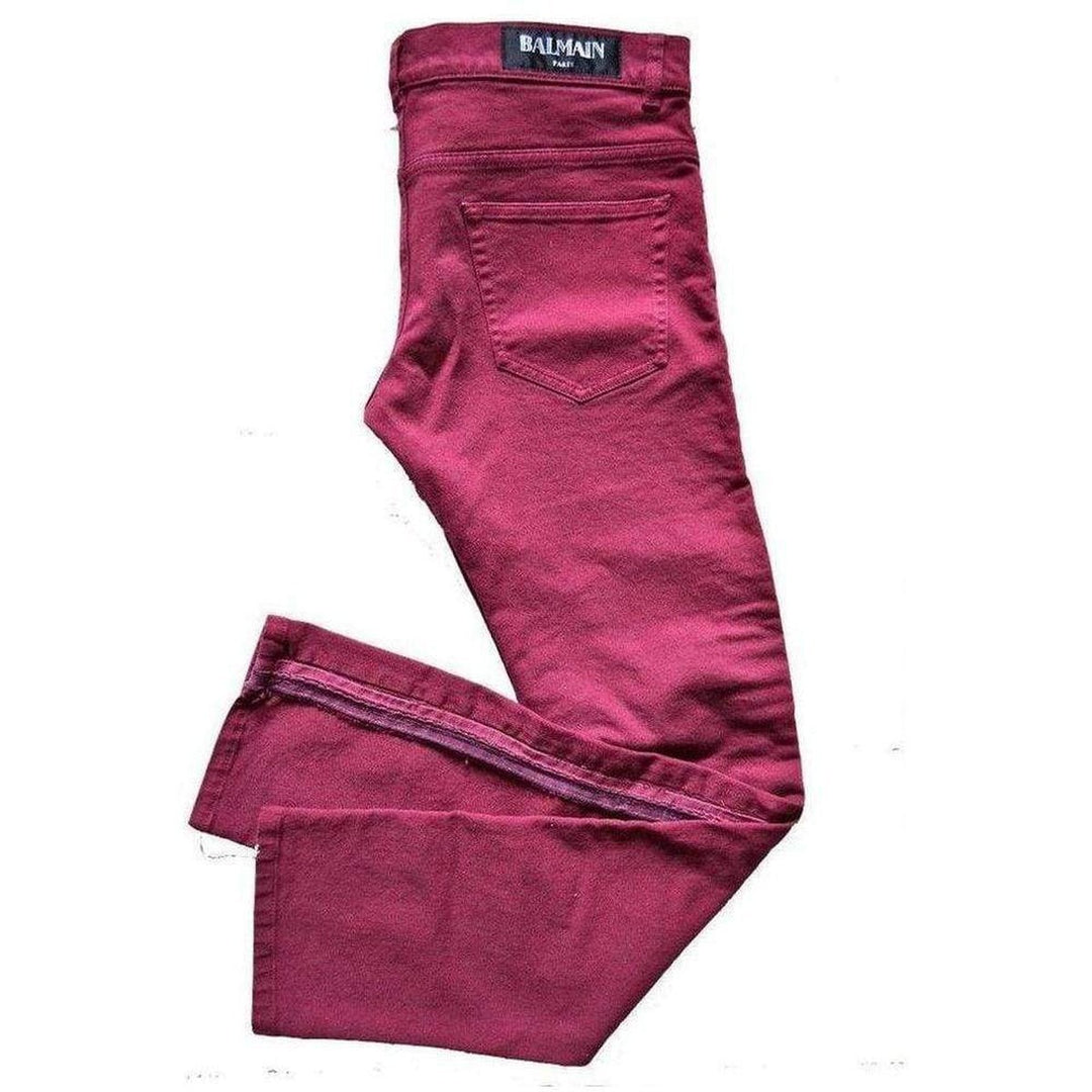 Burgundy Embroidered Trimming Slim Stretch Jeans