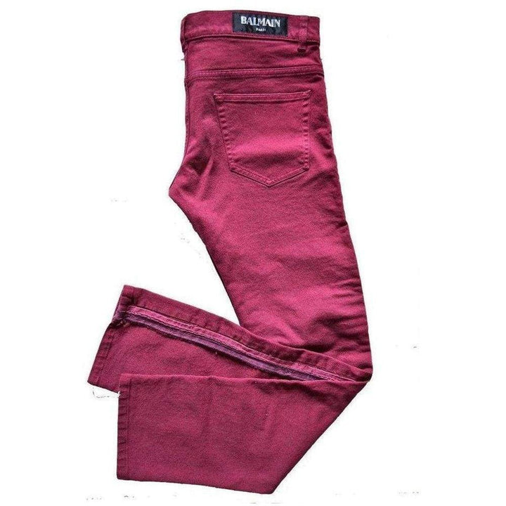 Burgundy Embroidered Trimming Slim Stretch Jeans