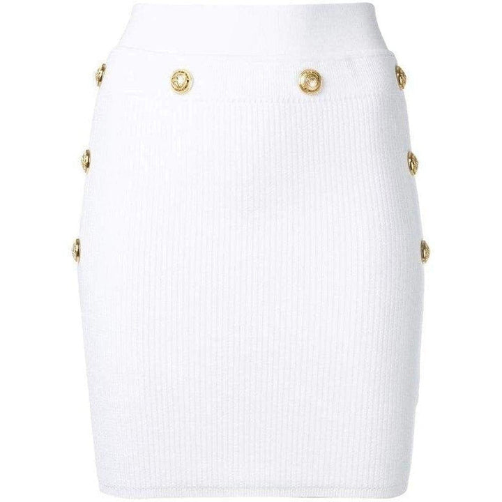 Balmain-Button-Embellished Ribbed Stretch-knit Mini Skirt - Runway Catalog