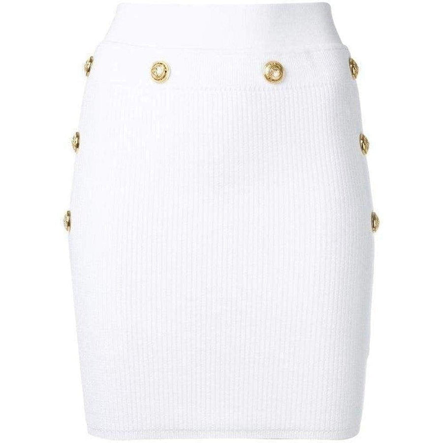 Balmain-Button-Embellished Ribbed Stretch-knit Mini Skirt - Runway Catalog