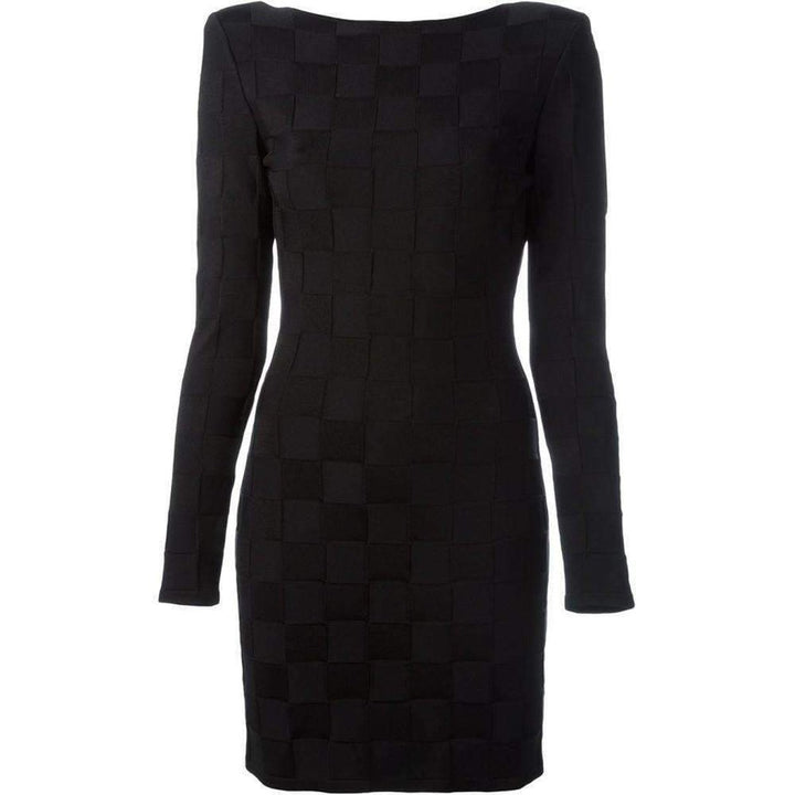 Balmain-Check Jacquard Deep V-Back Dress - Runway Catalog