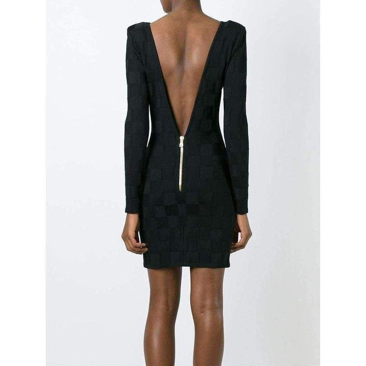 Check Jacquard Deep V-Back Dress