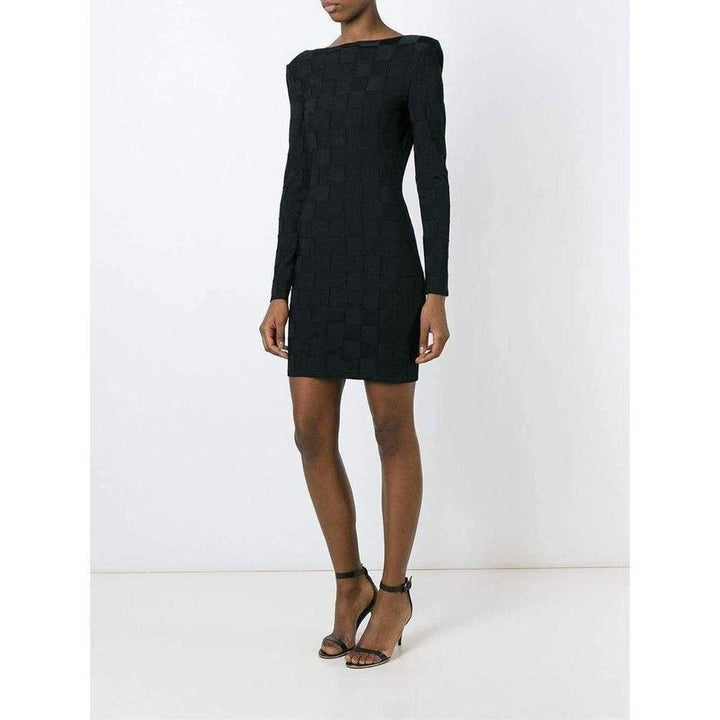 Check Jacquard Deep V-Back Dress