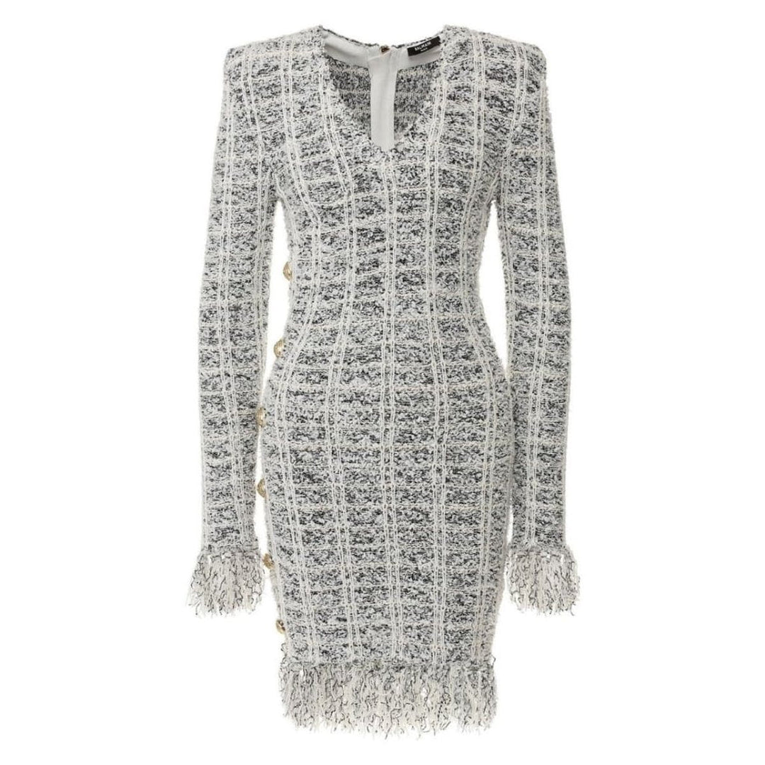 Balmain-Checked Fringed Wool Blend Dress - Runway Catalog