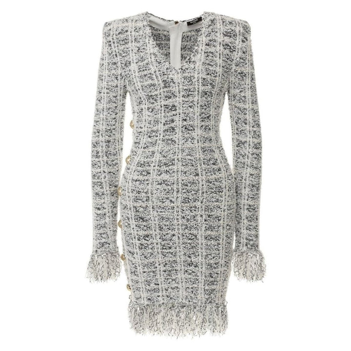 Balmain-Checked Fringed Wool Blend Dress - Runway Catalog