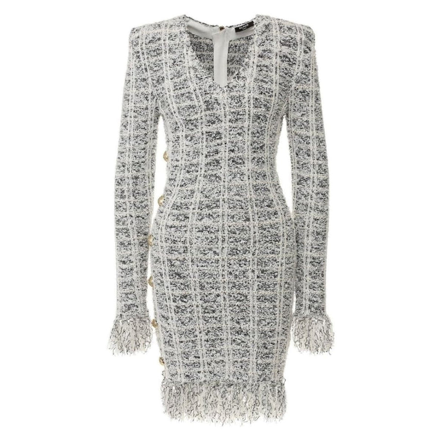 Balmain-Checked Fringed Wool Blend Dress - Runway Catalog