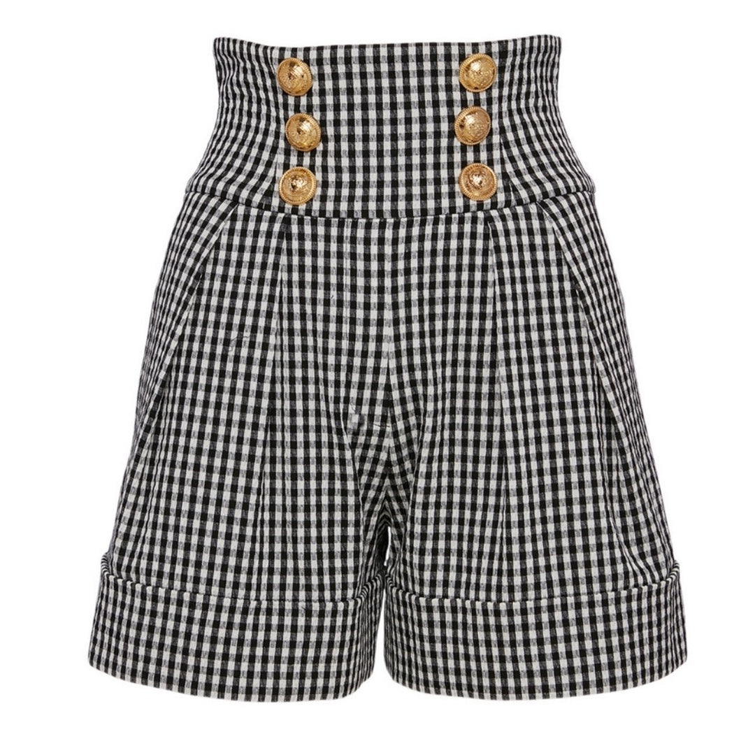 Balmain-Cotton High-Waisted Shorts In Gingham Print - Runway Catalog