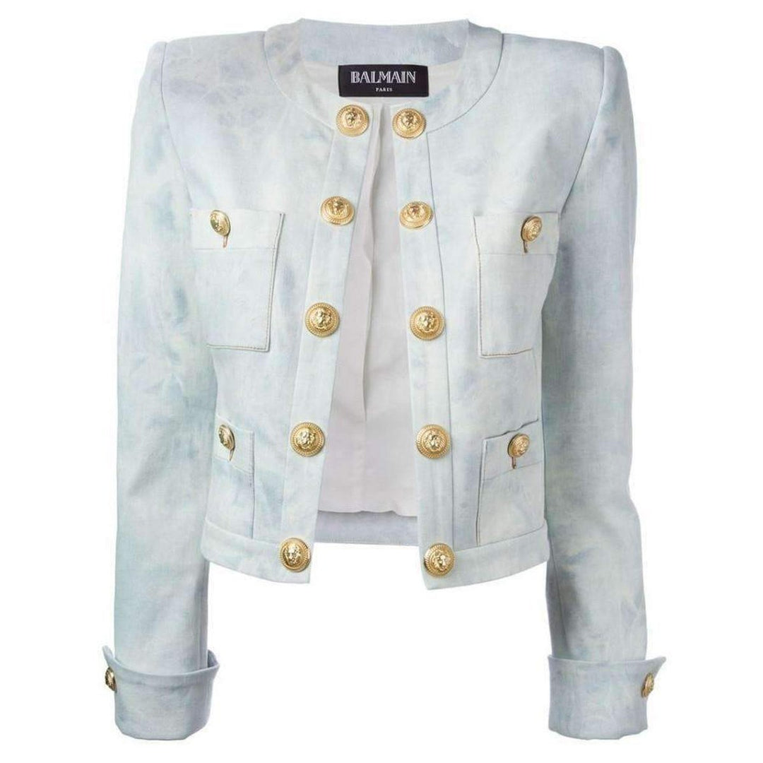 Balmain-Cropped Stretch Cotton Denim Blazer - Runway Catalog