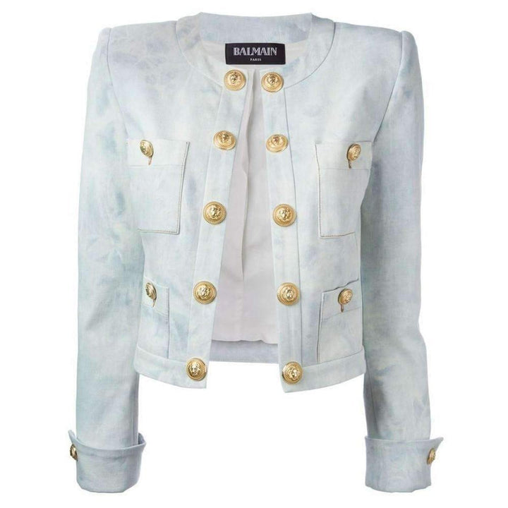 Balmain-Cropped Stretch Cotton Denim Blazer - Runway Catalog