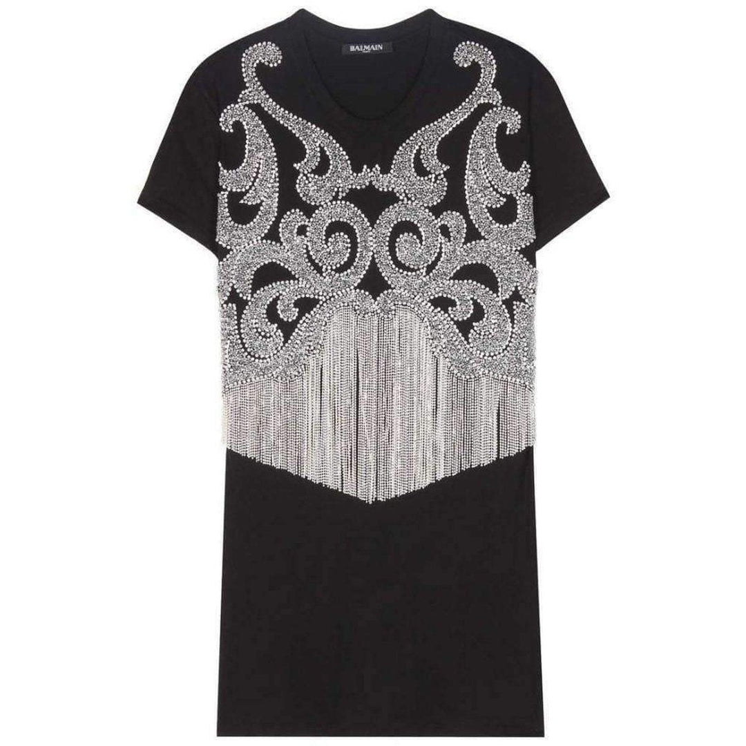 Balmain-Crystal And Beads Fringe Black Cotton Shirt - Runway Catalog