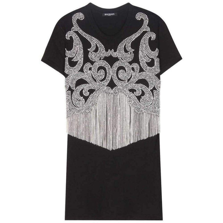 Balmain-Crystal And Beads Fringe Black Cotton Shirt - Runway Catalog