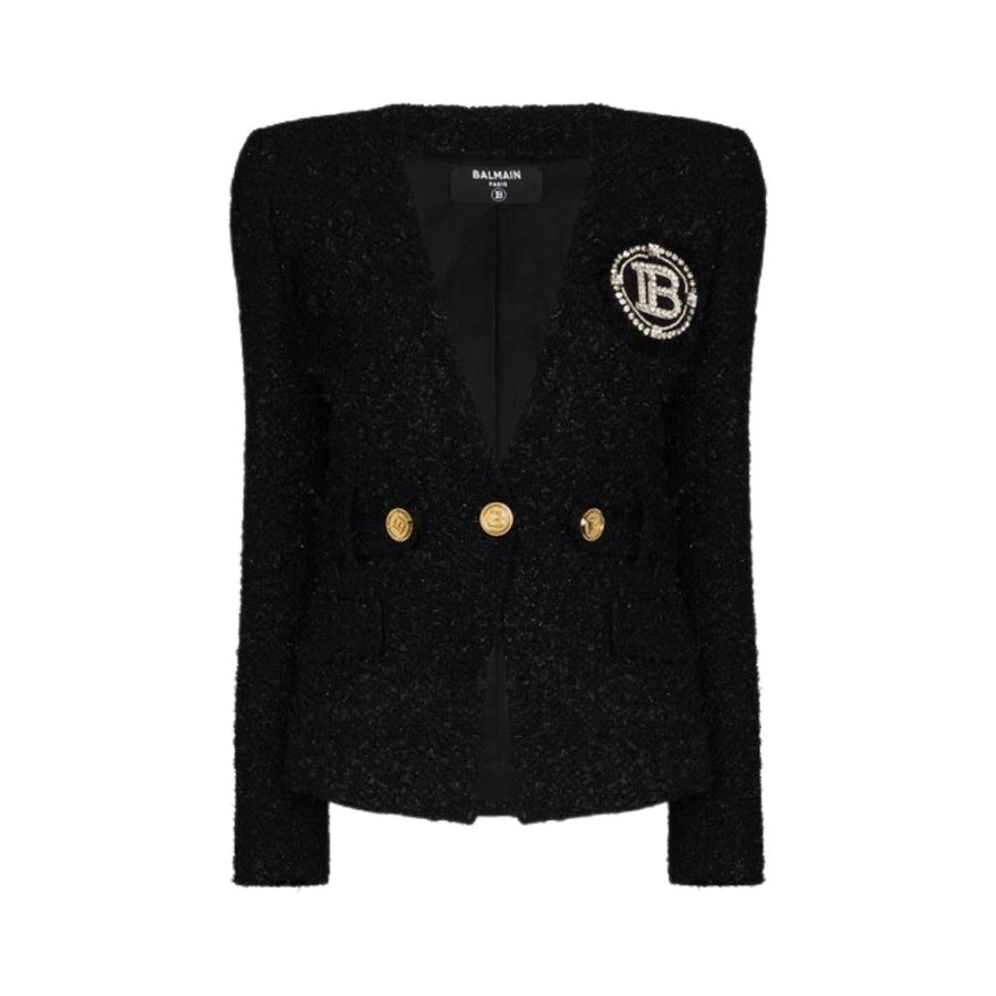 Balmain-Crystal Logo Metallic Tweed Blazer - Runway Catalog