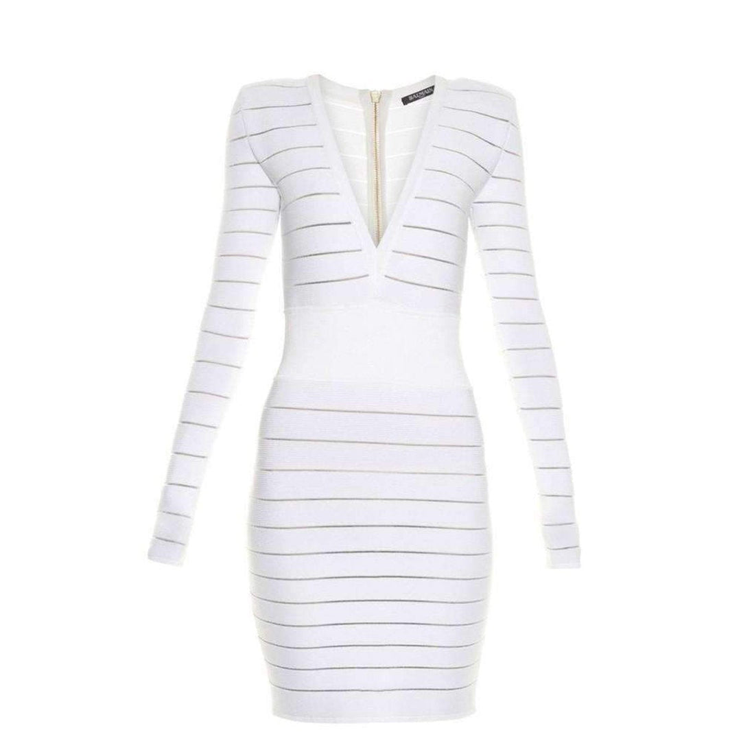Balmain-Deep V-Neck White Cocktail Knit Dress - Runway Catalog