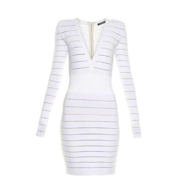Balmain-Deep V-Neck White Cocktail Knit Dress - Runway Catalog