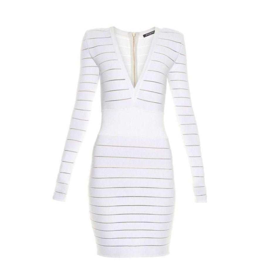 Balmain-Deep V-Neck White Cocktail Knit Dress - Runway Catalog