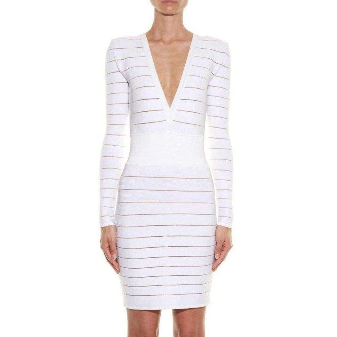 Deep V-Neck White Cocktail Knit Dress
