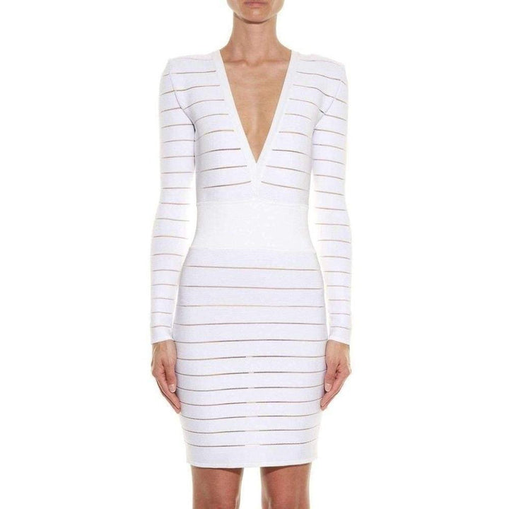 Deep V-Neck White Cocktail Knit Dress