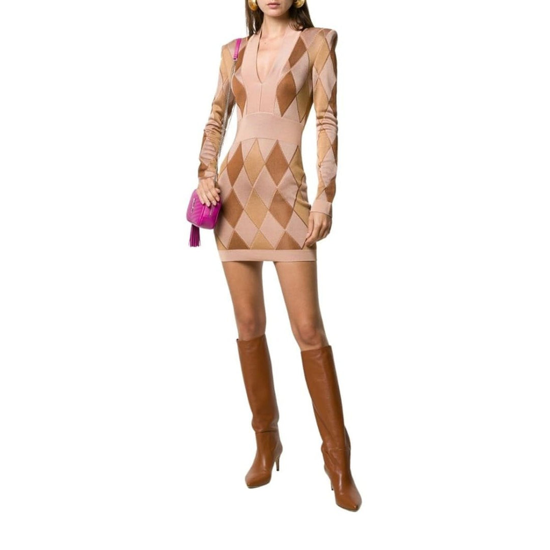 Diamond Jacquard V-neck Knitted Dress