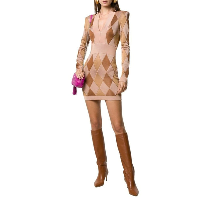 Diamond Jacquard V-neck Knitted Dress