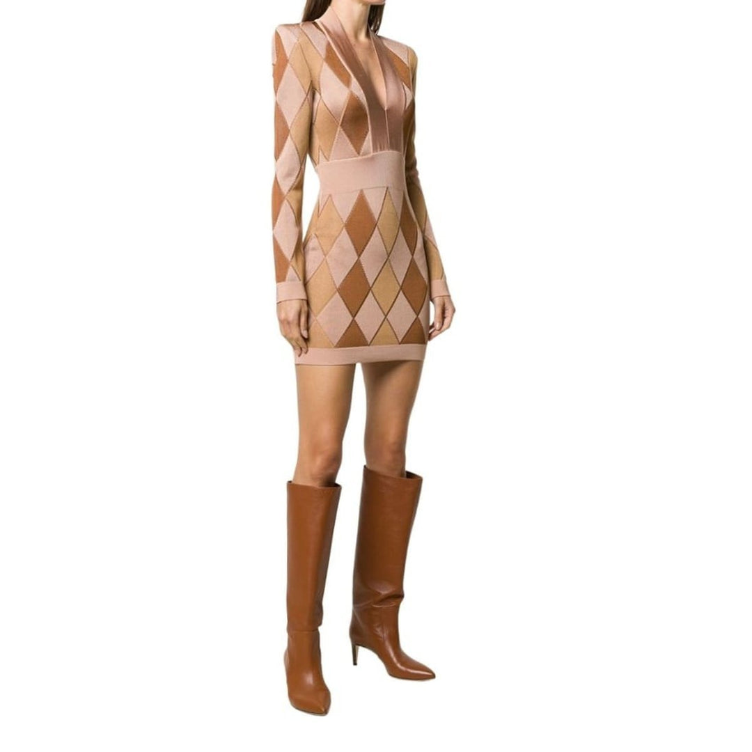 Diamond Jacquard V-neck Knitted Dress