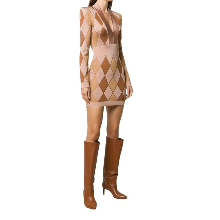 Diamond Jacquard V-neck Knitted Dress