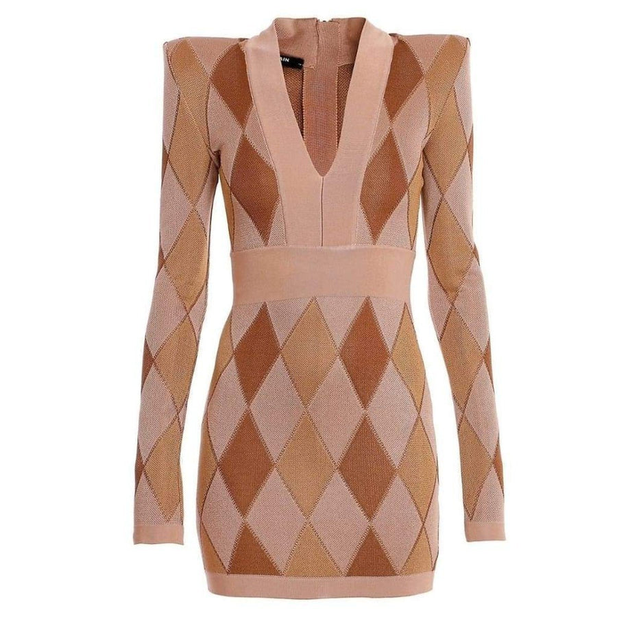 Balmain-Diamond Jacquard V-neck Knitted Dress - Runway Catalog