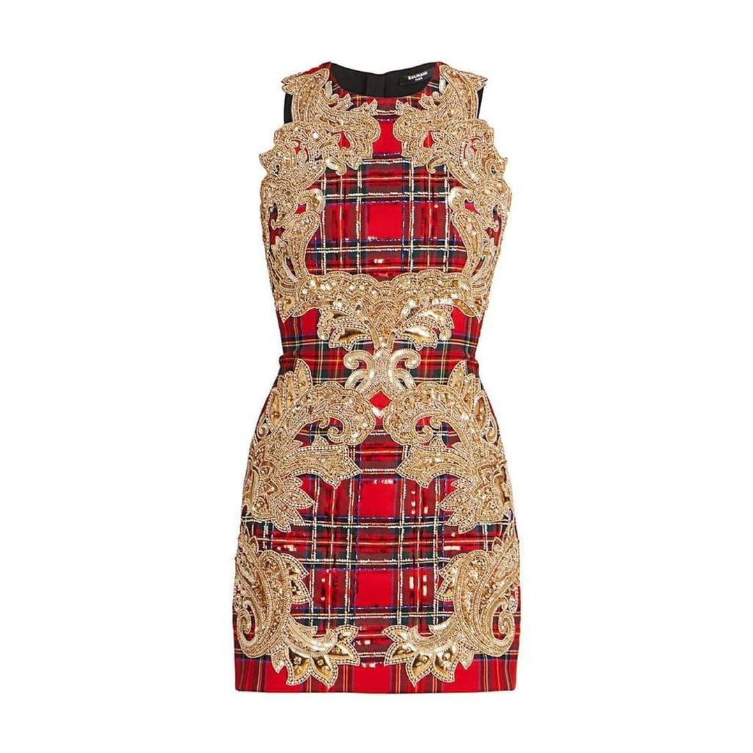 Embroidered Tartan Sleeveless Mini Dress