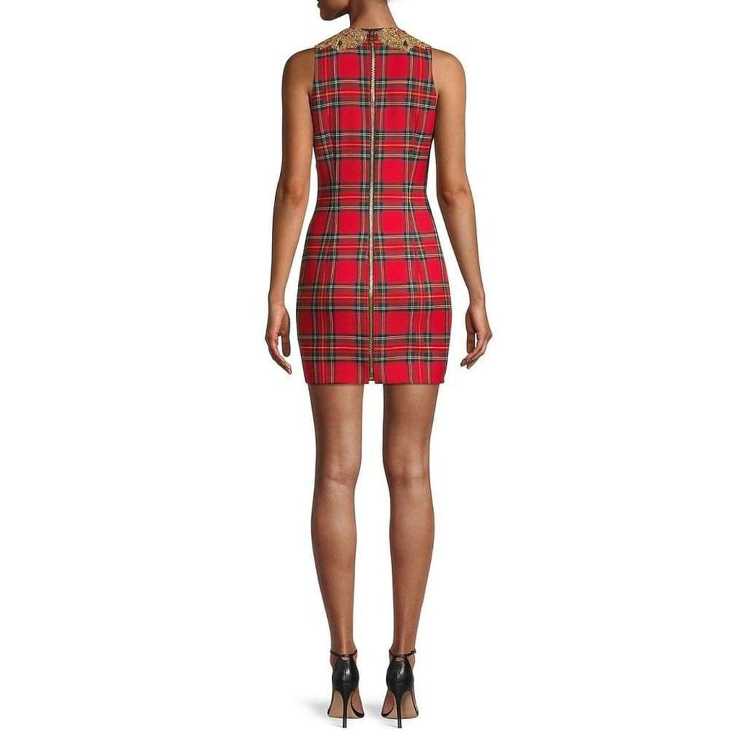 Embroidered Tartan Sleeveless Mini Dress