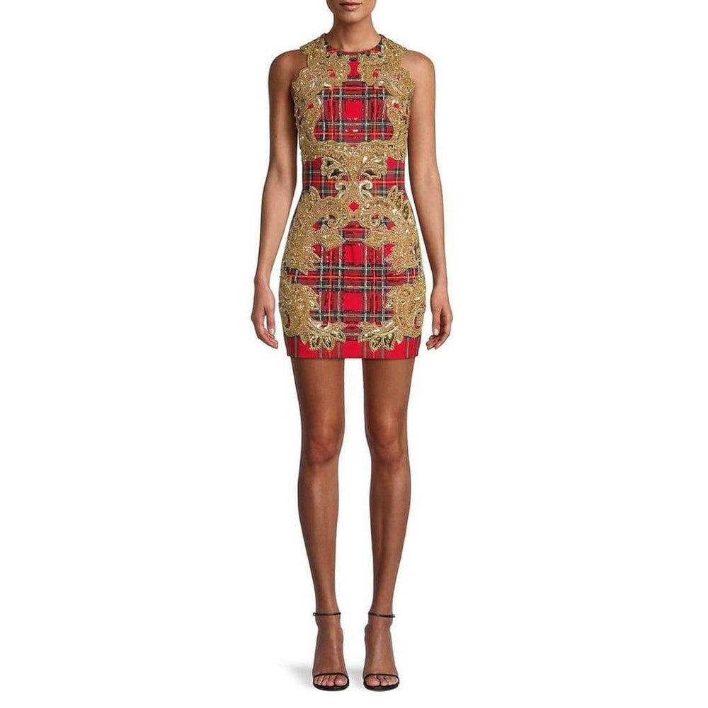 Balmain-Embroidered Tartan Sleeveless Mini Dress - Runway Catalog