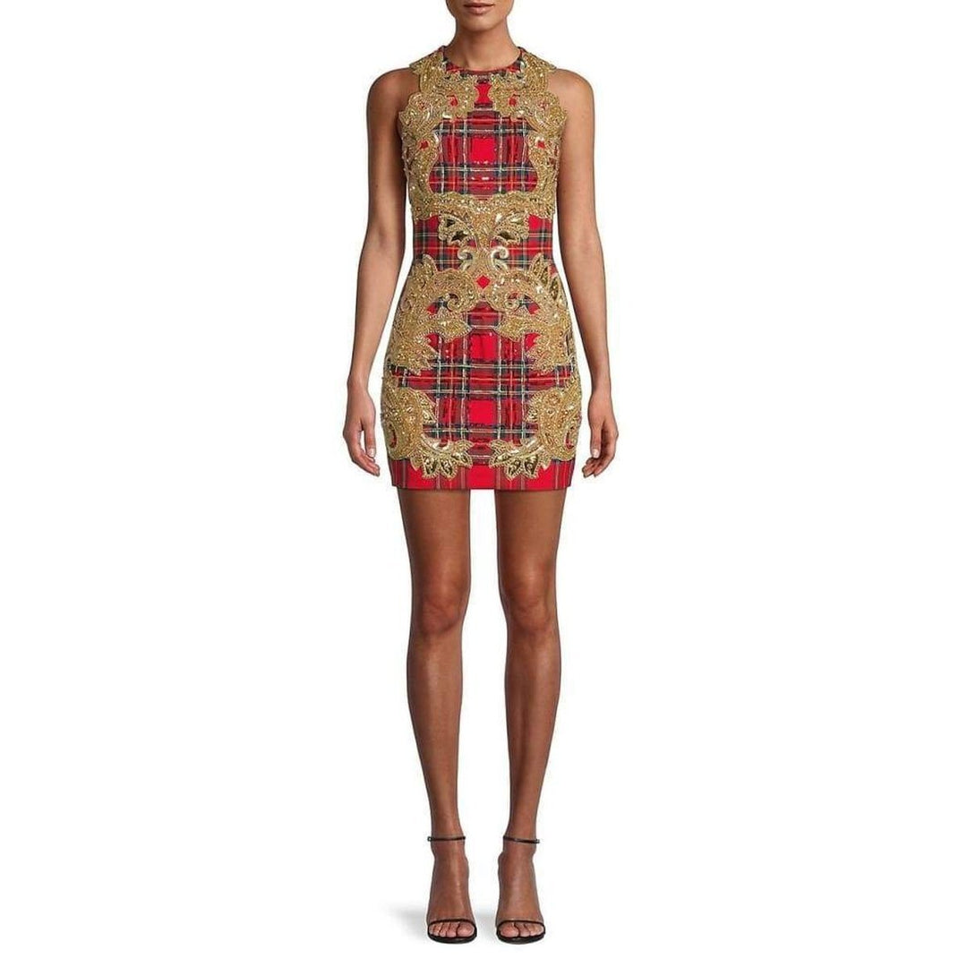 Balmain-Embroidered Tartan Sleeveless Mini Dress - Runway Catalog