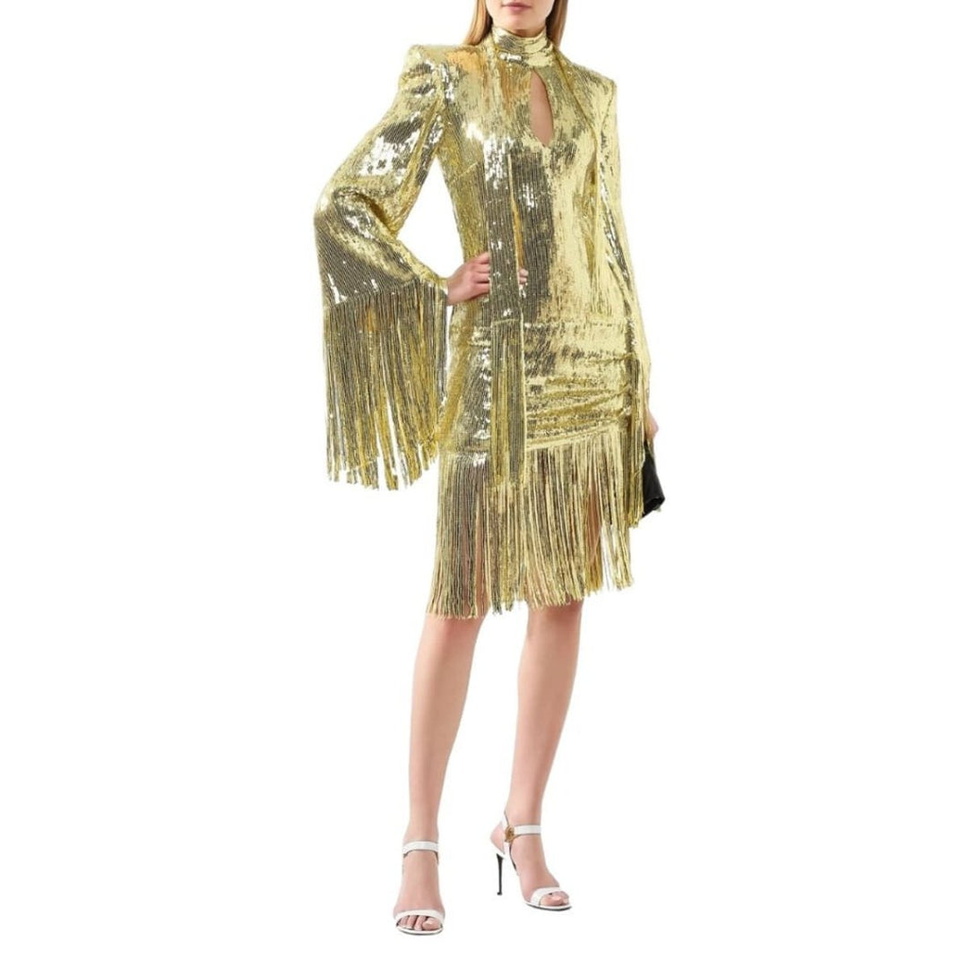 Fringed Gold Sequined Midi Dress