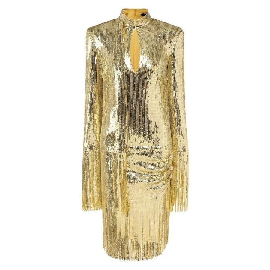 Balmain-Fringed Gold Sequined Mini Dress - Runway Catalog