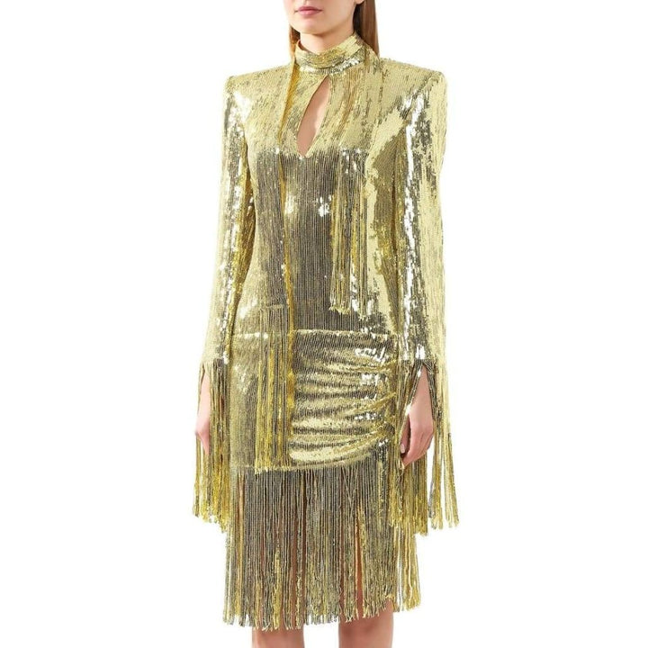 Fringed Gold Sequined Midi Dress