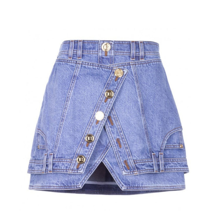 Balmain-Inverted Layer Denim Mini Skirt - Runway Catalog