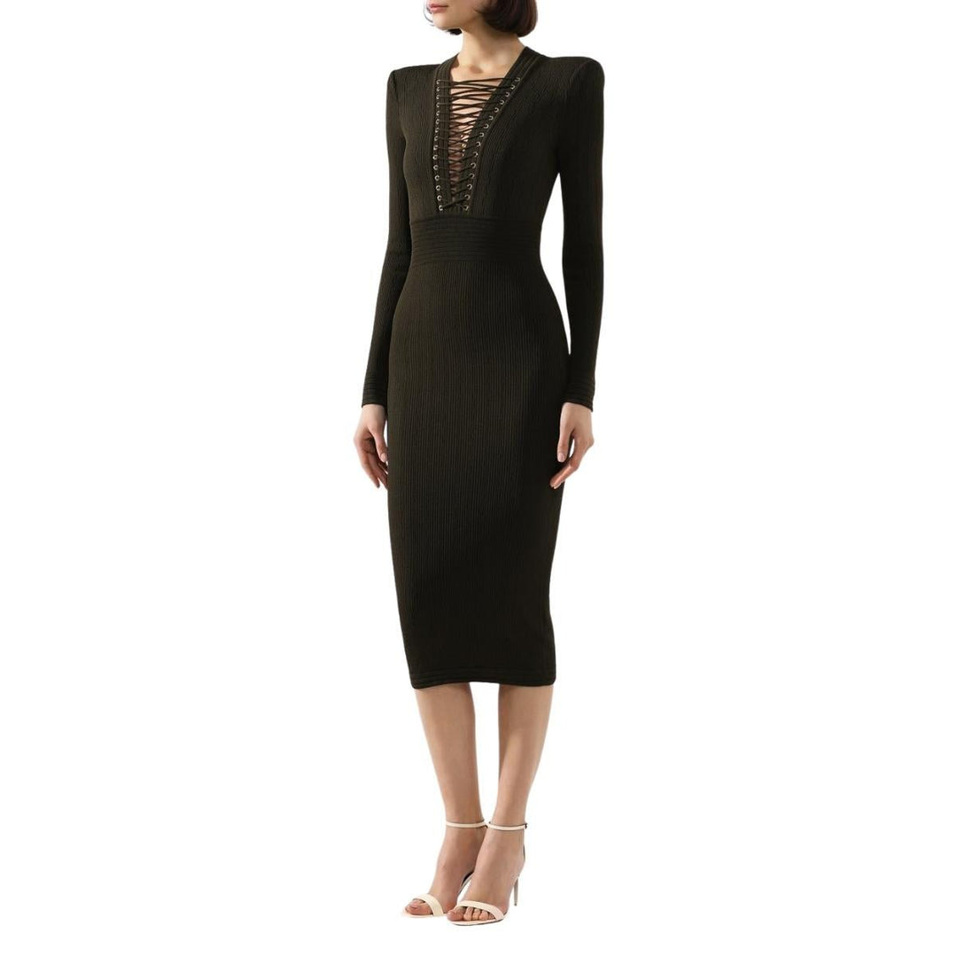 Lace-up Long Sleeve Midi Sweater Dress
