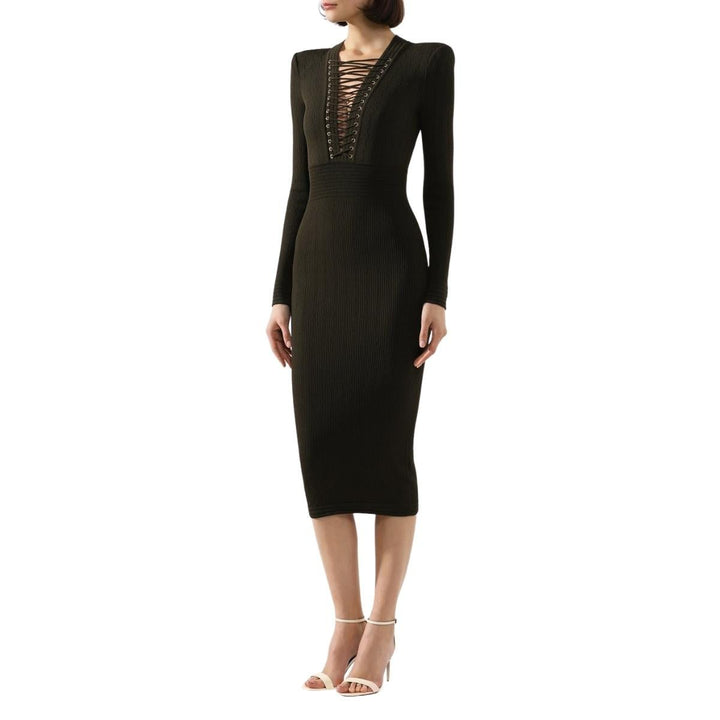 Lace-up Long Sleeve Midi Sweater Dress