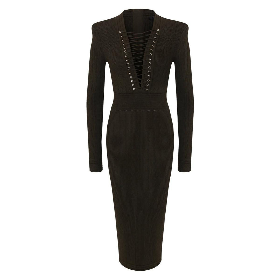 Balmain-Lace-up Long Sleeve Midi Sweater Dress - Runway Catalog