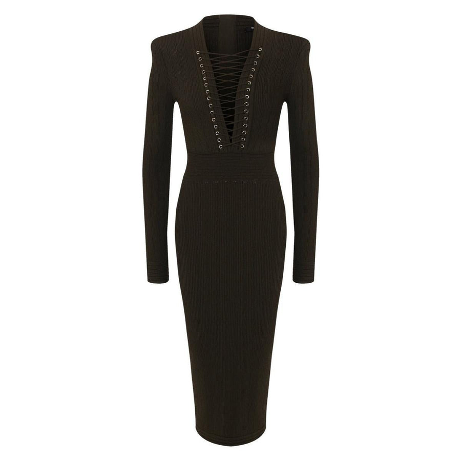 Balmain-Lace-up Long Sleeve Midi Sweater Dress - Runway Catalog