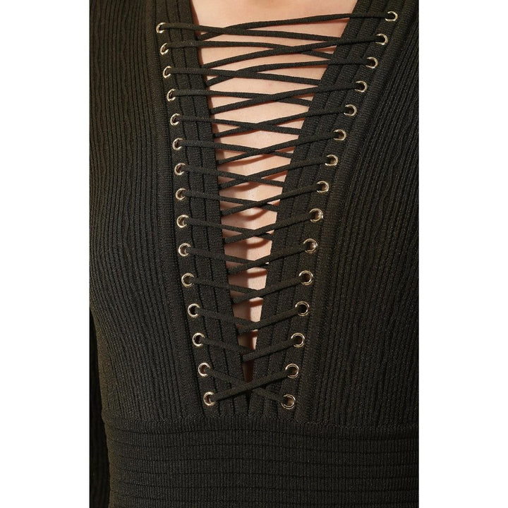Lace-up Long Sleeve Midi Sweater Dress