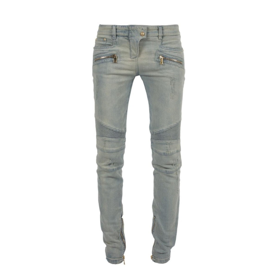Balmain-Light Blue Distressed BikerJeans - Runway Catalog
