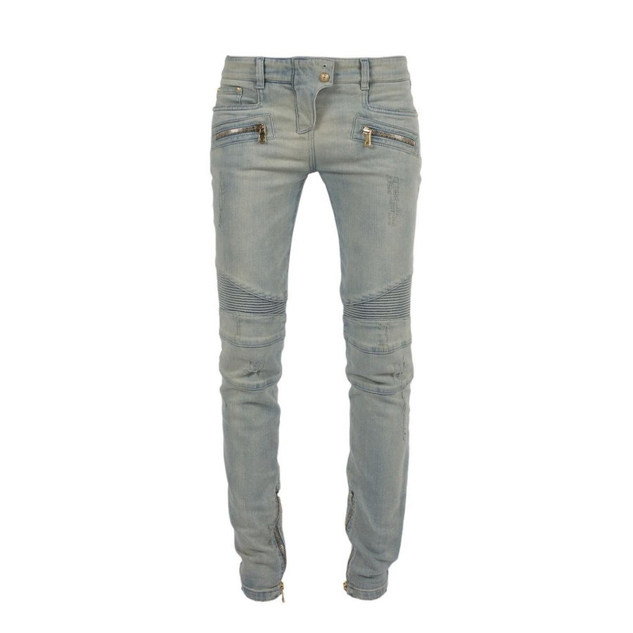 Balmain-Light Blue Distressed BikerJeans - Runway Catalog
