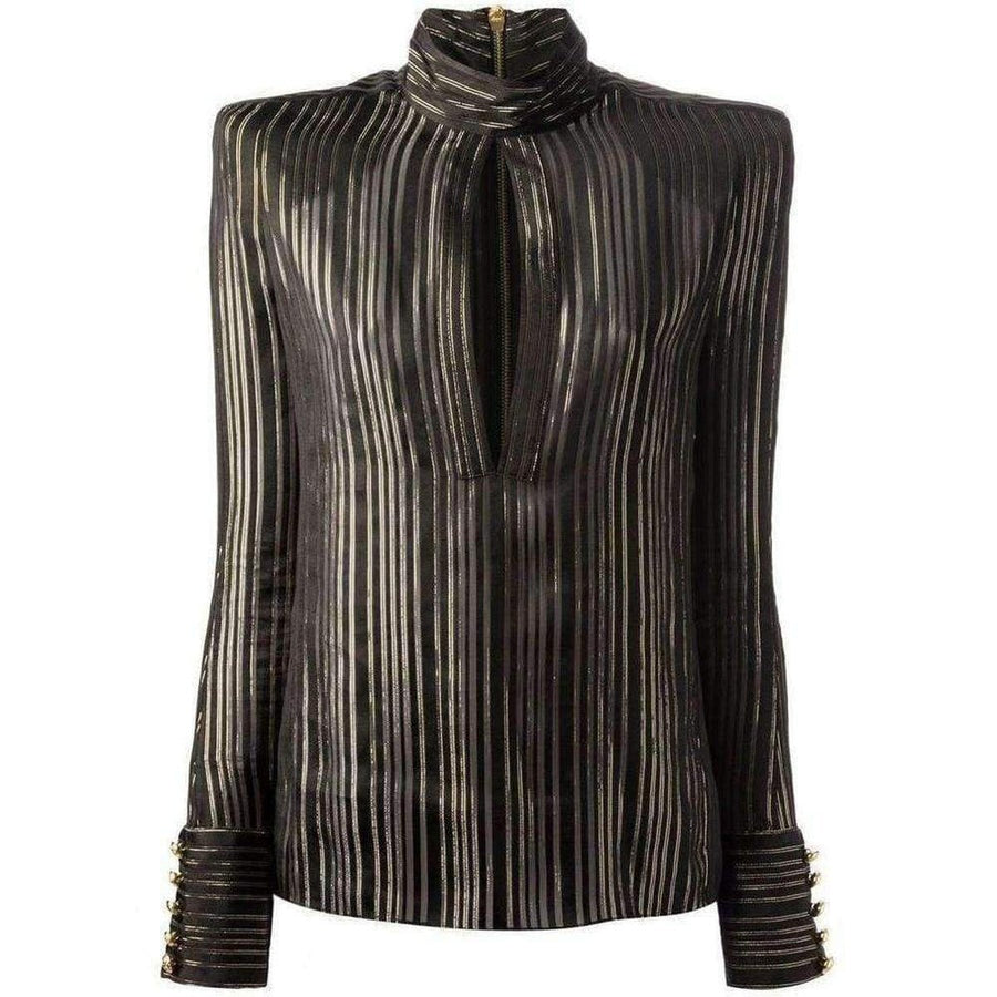 Balmain-Long Sleeve Black & Gold Tone Striped Silk Shirt - Runway Catalog