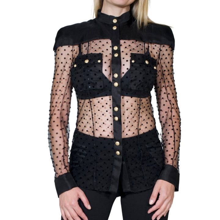 Long Sleeve Black Polka Dot Silk Shirt