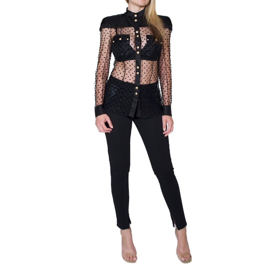 Balmain-Long Sleeve Black Polka Dot Silk Shirt - Runway Catalog