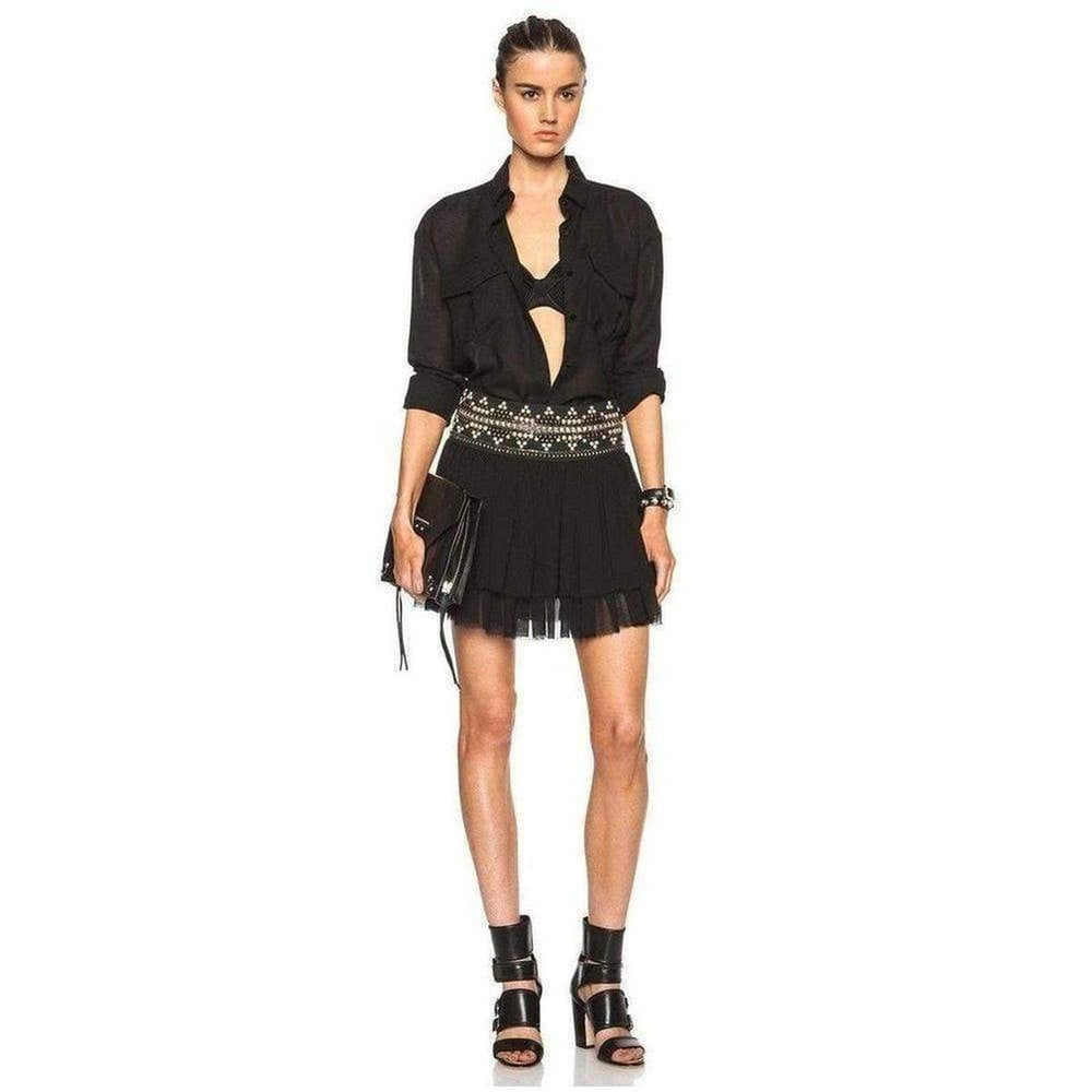 Balmain-Pierre Ethno Black Pleated Mini Skirt Studs Embellishment - Runway Catalog