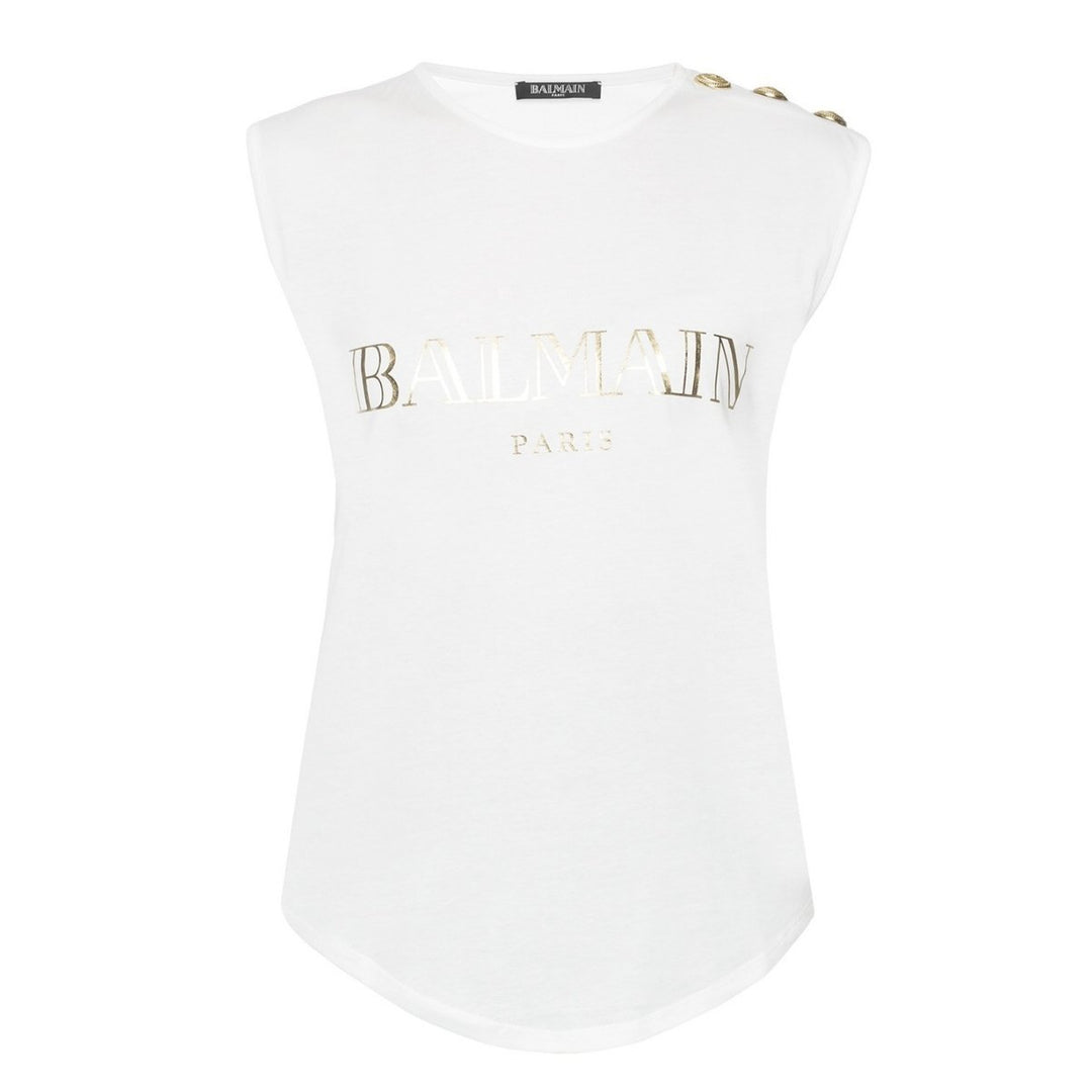 Balmain-Printed Logo Sleeveless T-shirt - Runway Catalog